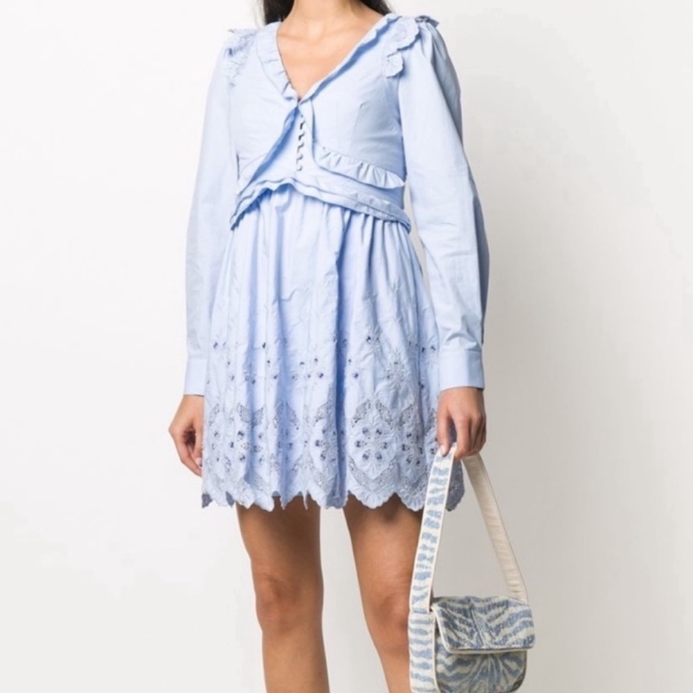 Self-Portrait Cotton Broderie Mini Dress Light Blue Open Back Size 6 Women’s
